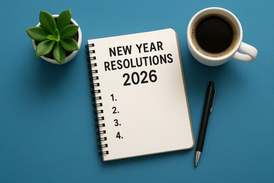 2026 goals notebook on desk with coffee and plant representing New Year resolutions and planning