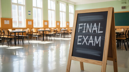 Final exam announcement on chalkboard in empty classroom with tables and chairs, bright natural light