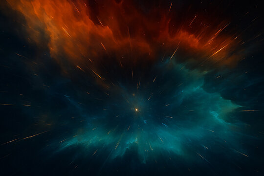 AI generated abstract cosmic energy burst with vibrant orange red and cool blue teal clouds radiating light streaks and glowing particles creating a powerful dynamic and surreal deep space atmosphere
