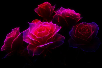 AI generated neon glowing roses in pink purple and magenta tones on black background creating surreal romantic dark mood suitable for digital art and modern design