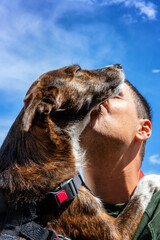 Man holding and embracing a brown dog against a blue sky sharing a moment of companionship