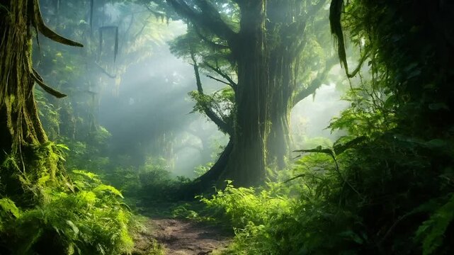 A vivid portrayal of a lush, verdant forest with a misty ambiance. The forest floor is a tapestry of green, with ferns and other foliage interspersed throughout.