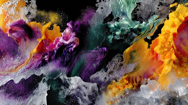 An abstract composition of colorful liquids and foam in motion, creating dynamic shapes and textures against a dark background. The vibrant hues of yellow, oran