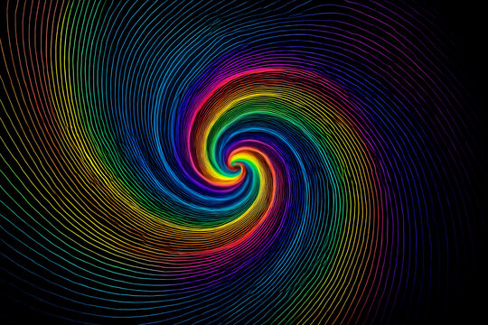 AI generated rainbow spiral made of flowing curved lines creating a dynamic optical illusion with vibrant colors spinning into a deep black background forming energetic modern creative motion