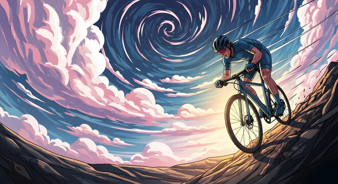 A cyclist races down a steep, rocky mountain path under a swirling, dramatic sky filled with pink and purple clouds.