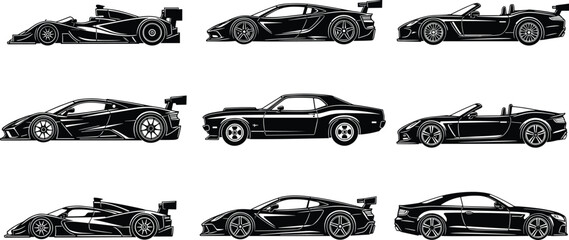 Sports car silhouette vector collection, black and white racing vehicle set featuring muscle cars and convertibles, side view auto icons for design. © Dilip