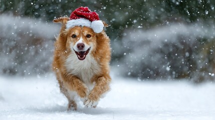 A joyful dog wearing a santa hat is running in the snow