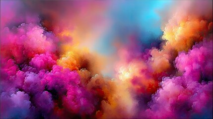 Abstract swirling clouds of vibrant pink, purple, orange, and yellow smoke, with a bright blue sky in the background. The light is soft and diffused, creating a