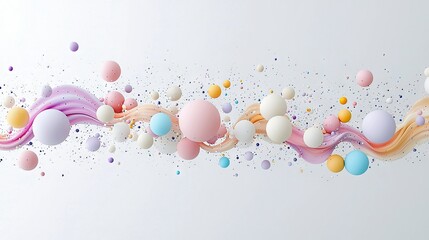 A dynamic composition of pastel-colored spheres and swirling liquid streams, with scattered small particles, set against a clean white backdrop.
