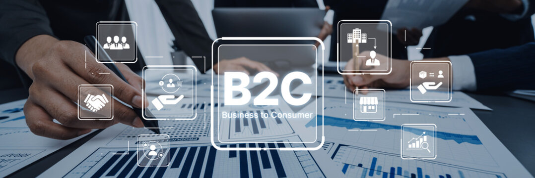 Hands engaged in analyzing financial reports with digital icons illustrating key aspects of business to consumer strategies for effective marketing and growth. Trope