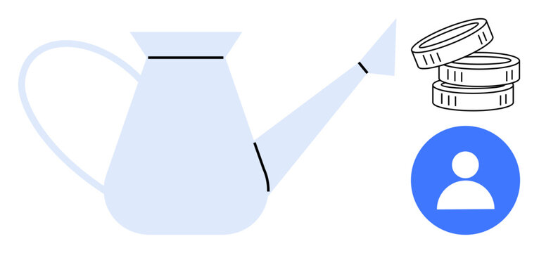 Watering can symbolizing growth near stacked coins and user avatar. Ideal for investment, growth, marketing, finance, user engagement, productivity, nurturing ideas. Simple flat metaphor