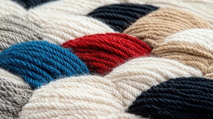 A close-up, overhead view of several balls of yarn in various colors including red, blue, beige, white, and dark blue. The yarn is arranged in a textured, repea