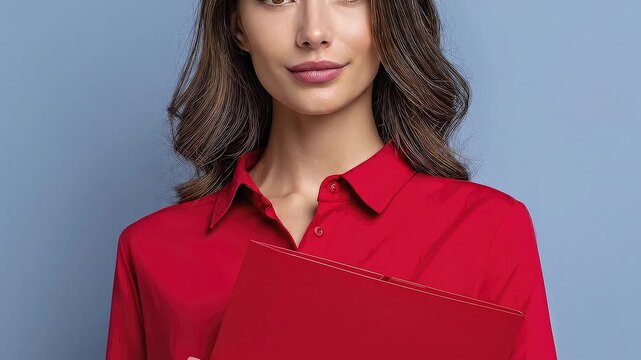 Brunette woman in red shirt holding a red folder against a gray background