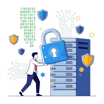 A cybersecurity expert secures a stylized server rack by placing a massive digital padlock on it within a data center environment, visualized as a clean flat 2D vector illustration.