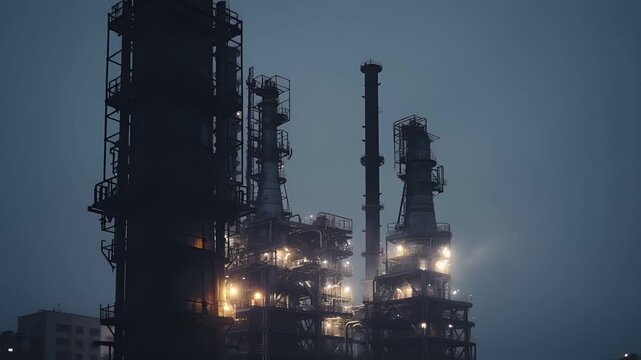 Oil refinery. industrial scene with towering structures illuminated by lights against a dark sky at dusk or dawn.