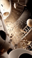 A dramatic, low-angle view of a grand spiral staircase with confetti falling around it. The scene is bathed in warm, diffused light, creating a celebratory and