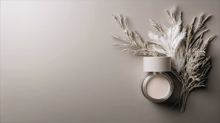 A clear glass jar containing a pale cream cosmetic product, topped with a beige lid, sits beside a bouquet of dried pampas grass on a smooth, neutral gray surfa