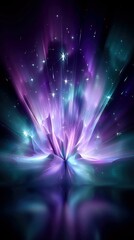A vibrant, abstract cosmic bloom with radiating light beams in shades of purple, blue, and teal, set against a dark, starry nebula background. The bloom is refl