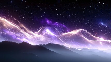 A surreal landscape with glowing, ethereal waves of light and sparkling particles resembling an aurora, flowing over silhouetted mountain ranges under a dark, s