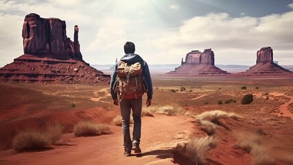 A vivid portrayal of a hiker in a desert landscape, with a focus on the hikers back and the vast expanse of the desert. The hiker is captured in a side profile.