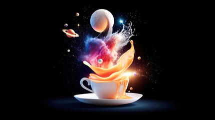A white coffee cup and saucer with a vibrant orange liquid splashing upwards, transforming into a cosmic nebula with planets, stars, and a moon against a dark b