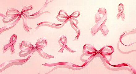 Collection of watercolor-style pink ribbons and bows scattered on a light pink background, symbolizing breast cancer awareness and feminine themes.