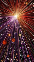 Abstract digital art depicting a vibrant explosion of colorful light trails and celestial bodies, including planets and stars, against a dark, starry background