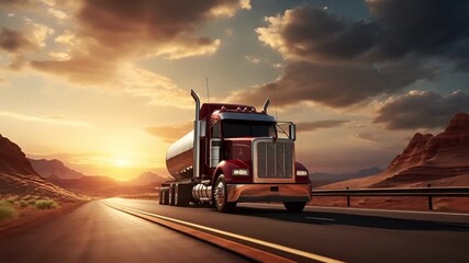A vivid, highresolution digital artwork of a large, red semitruck on a winding road during sunset. The truck is captured in a side profile view.