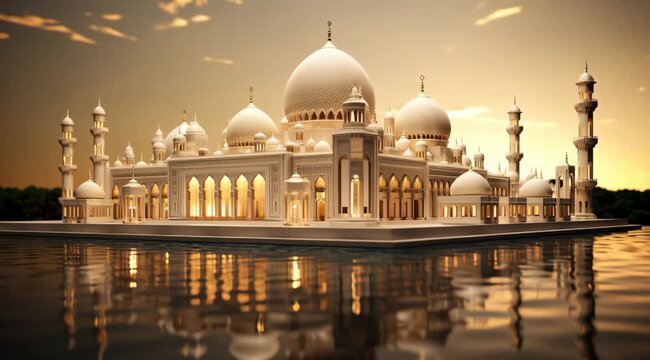 Majestic mosque architectural marvel with serene water reflections at golden hour backdrop