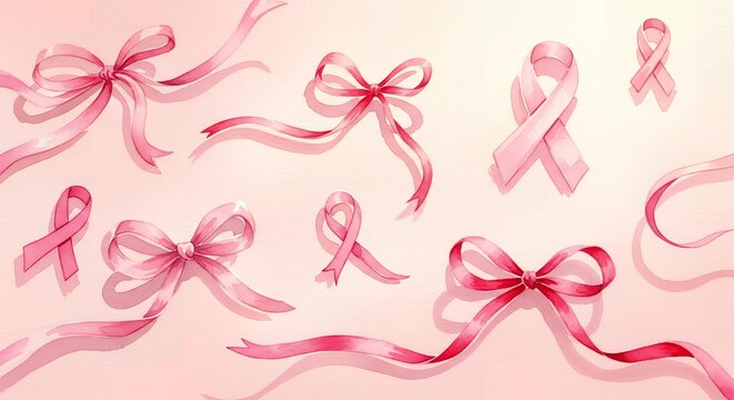 Collection of watercolor-style pink ribbons and bows scattered on a light pink background, symbolizing breast cancer awareness and feminine themes.