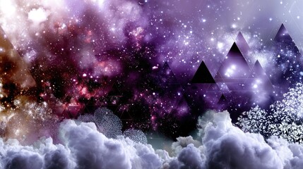 A surreal landscape featuring a vibrant nebula with stars, overlaid with geometric mountain shapes and fluffy clouds, creating a dreamlike and otherworldly atmo