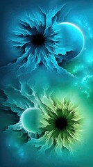 Two abstract, eye-like formations with dark centers and radiating wisps of blue and green nebula. Planets are positioned beside each formation, set against a ba