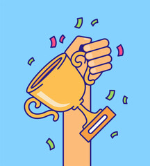 Hand holding golden trophy with confetti celebration cartoon illustration vector hand drawn style