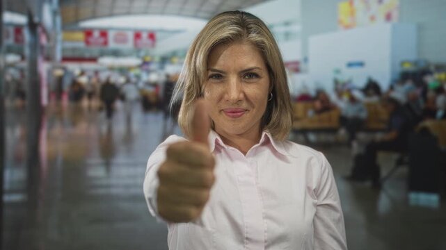Woman blonde changing thumb gesture from thumbs up to thumbs down in busy airport terminal while facing camera with neutral expression; judgment.