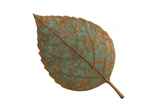 Dried leaf showing textured surface and vibrant teal patina, symbolizing decay and revival on transparent background