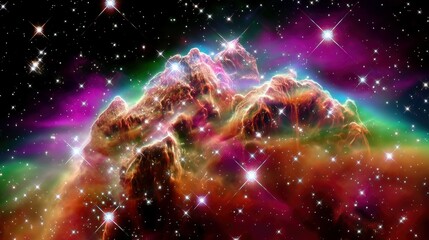 A vibrant, detailed image of a cosmic nebula in deep space, featuring towering, illuminated gas clouds in shades of orange, red, green, and purple, surrounded b