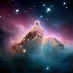 A dramatic and colorful nebula, resembling a mountain peak, set against a backdrop of stars in the vastness of deep space. The nebula displays rich textures and