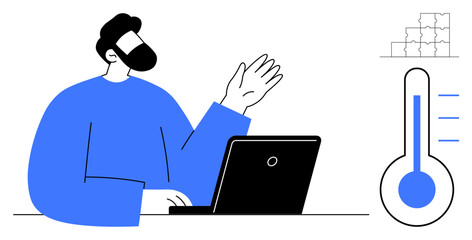 Remote work concept. Remote work productivity through technology with a person at a desk, laptop, and performance indicators. Remote work boosting efficiency and goal tracking. For workplaces, tech