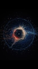A swirling, luminous nebula of red, orange, and blue particles against a black background, with concentric circular lines and scattered smaller particles sugges