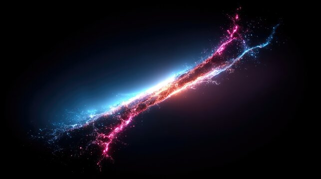 A vibrant, swirling cosmic nebula composed of countless tiny particles, glowing with intense blue and pink light, set against a deep black background. The nebul