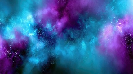 A vibrant and dynamic abstract background depicting a swirling cosmic nebula. The image features clouds of deep purple and electric blue gas and dust, intersper