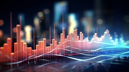 Stock market. Finance investment economy concept. A digital artwork depicting a cityscape at night, illuminated by bright lights. The city is depicted with a series of illuminated buildings. - Powered by Adobe