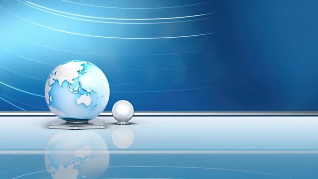 Digital art wallpaper background. A digital rendering of a globe on a stand, set against a blue background with a grid pattern. The globe is blue with white continents.
