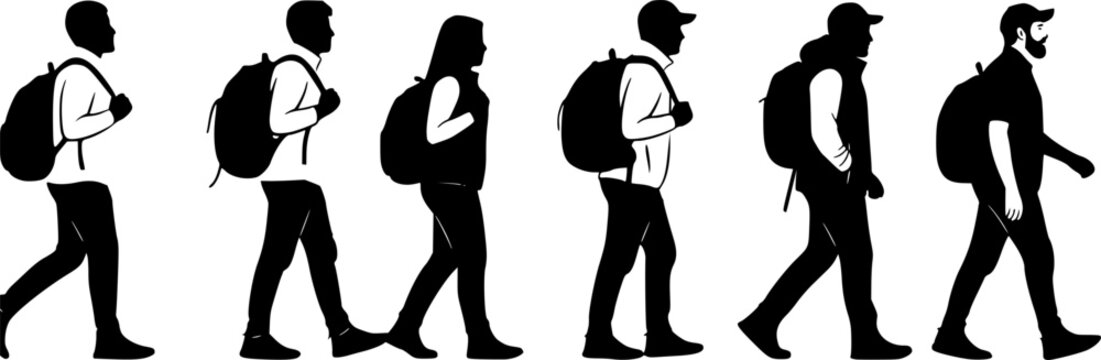 Group of men and women, people walking with backpacks, silhouettes, vector, profile, black isolated on white background
