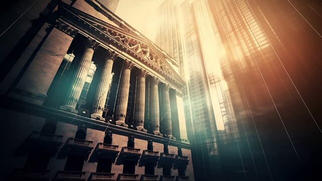 Stock market. Finance investment economy concept. A detailed architectural rendering of a grand building with classical architecture, set against a backdrop of towering skyscrapers.