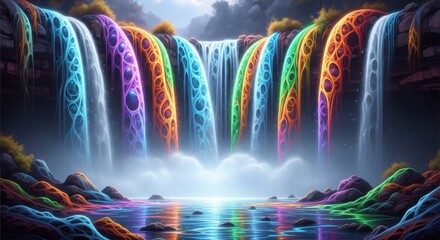 Spectacular vista of vibrant cascades flowing into serene pool amidst glowing rocks