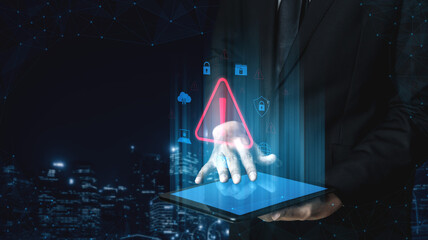 Cybersecurity threat alert protects data. Cyber security threat alert prevents access, alert warns...