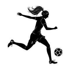 Female Soccer Player PNG Silhouette – Woman Football Athlete Kicking Ball Transparent Background