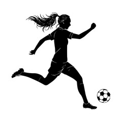Female Soccer Player PNG Silhouette – Woman Football Athlete Kicking Ball Transparent Background