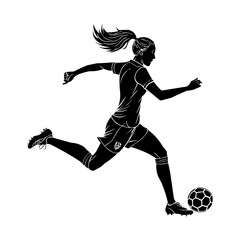 Female Soccer Player PNG Silhouette – Woman Football Athlete Kicking Ball Transparent Background
